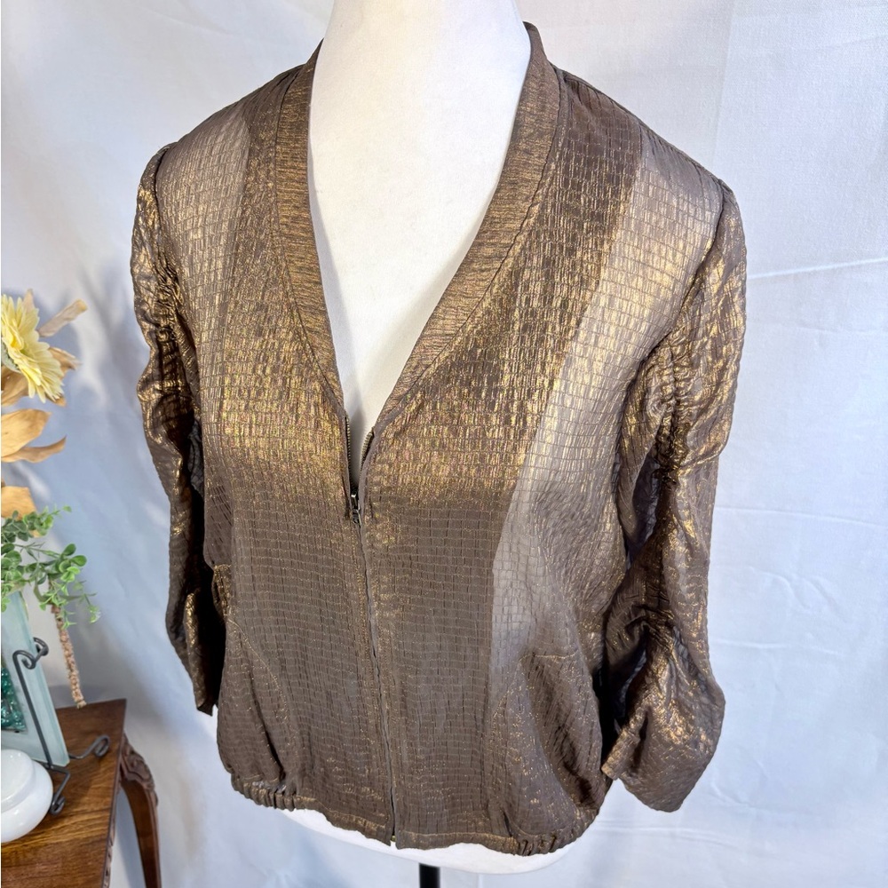 Diane von Furstenberg Metallic Chiffon Zip Jacket Copper Brown Sz 6💚 - Picture 3 of 12